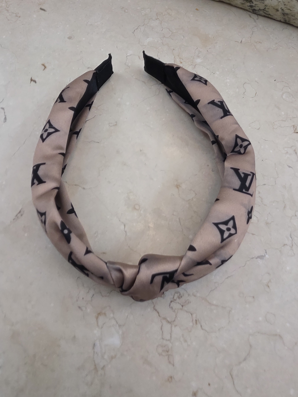 Designer-Style Knotted Headband in Beige with Black Logo Print